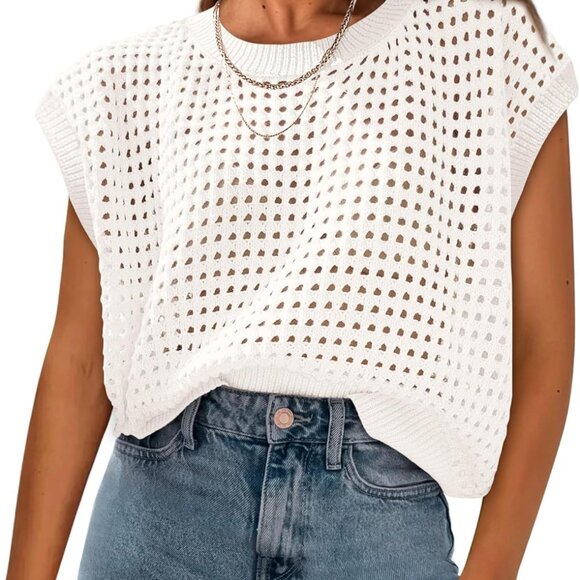 Womens Spring Tops 2025 Summer Shirts Crochet Cap Sleeve Sweater Pullover Cute B - Picture 1 of 8